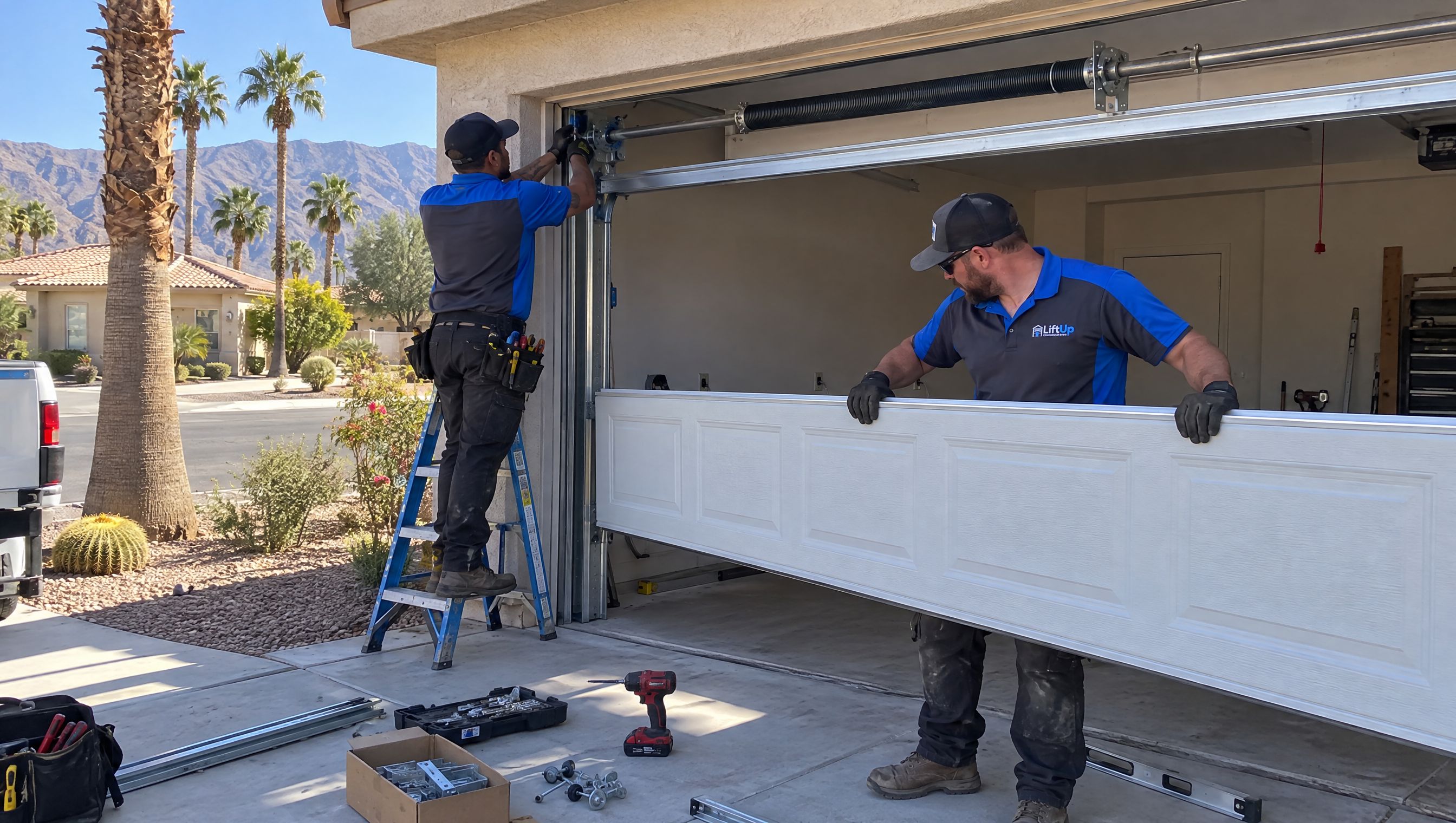 Two LiftUp technicians in branded uniforms installing a new white raised-panel garage door at a desert home in Indian Wells